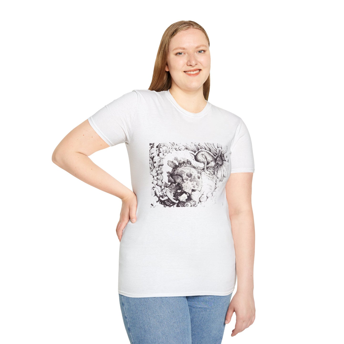 Moon Rabbit Unisex Softstyle T-Shirt - Celestial Design for Creative Souls