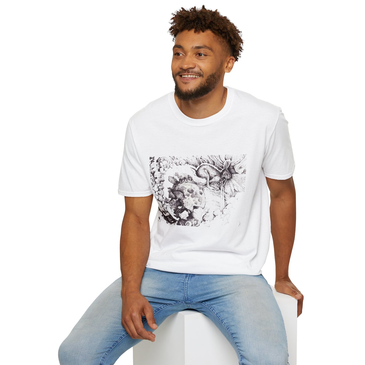 Moon Rabbit Unisex Softstyle T-Shirt - Celestial Design for Creative Souls